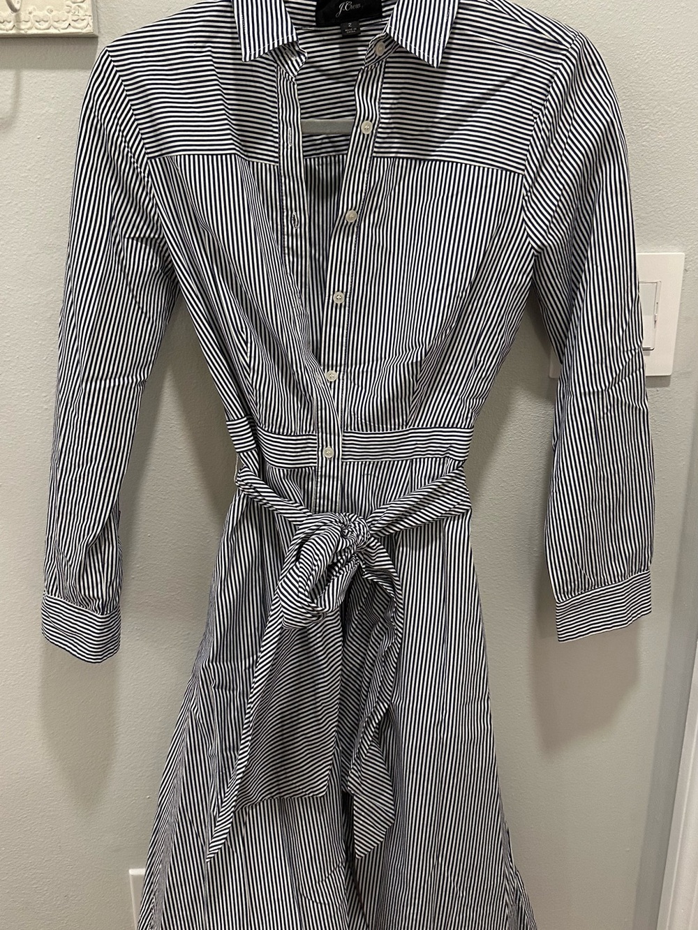 J. Crew Blue & White Striped Midi Shirt Dress with Waist Tie